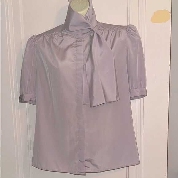 Vintage 80s Mihang lavender polyester short sleeve blouse with attached scarf - Picture 1 of 7